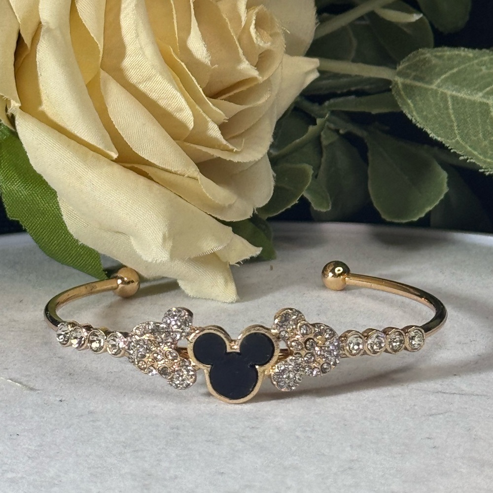 NWOT Gold Tone Sparkling Mickey Ears Cuff Bracelet Black 2 inch